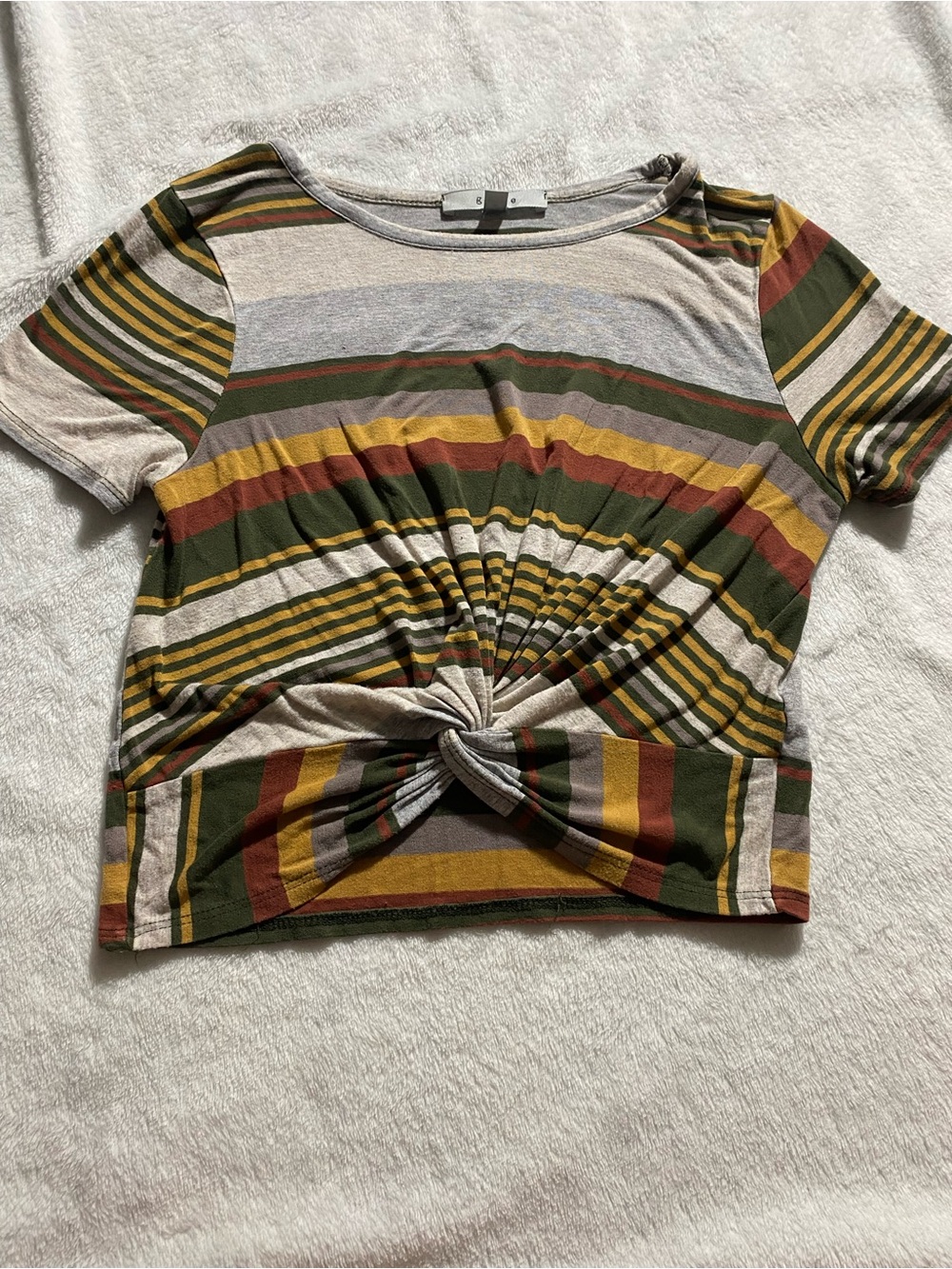 gaze Short-Sleeve Striped Twist-Front Crop Top in Olive, Mustard and Rust